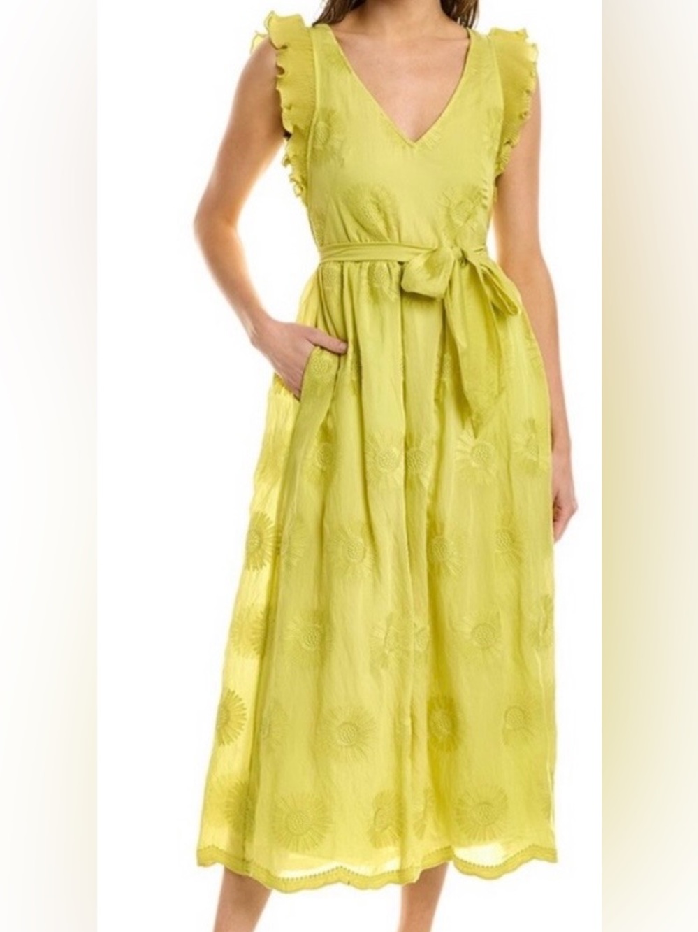 kate spade Yellow Sunburst Embroidered V-Neck Midi Dress size 4